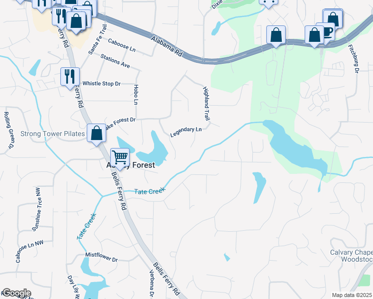 map of restaurants, bars, coffee shops, grocery stores, and more near 5166 Ridge Tarn in Acworth