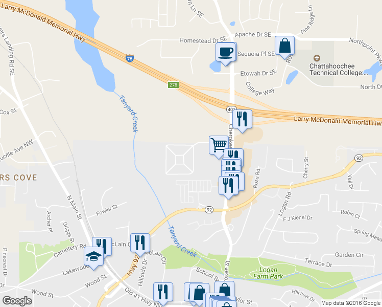 map of restaurants, bars, coffee shops, grocery stores, and more near 4723 Liberty Square Drive in Acworth