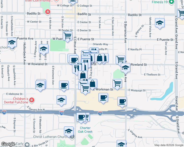 map of restaurants, bars, coffee shops, grocery stores, and more near 662 South 2nd Avenue in Covina
