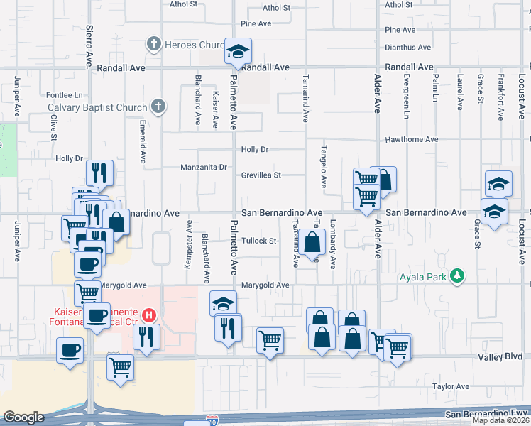 map of restaurants, bars, coffee shops, grocery stores, and more near 9722 Encina Avenue in Bloomington