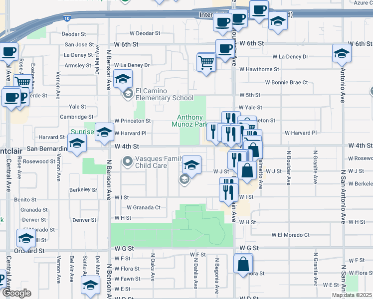 map of restaurants, bars, coffee shops, grocery stores, and more near 1228 West Rosewood Court in Ontario