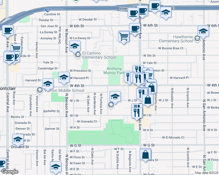 map of restaurants, bars, coffee shops, grocery stores, and more near 1027 North Elderberry Avenue in Ontario