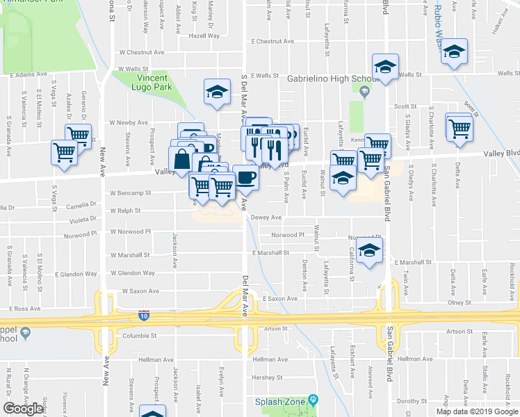 map of restaurants, bars, coffee shops, grocery stores, and more near 210 Dewey Avenue in San Gabriel
