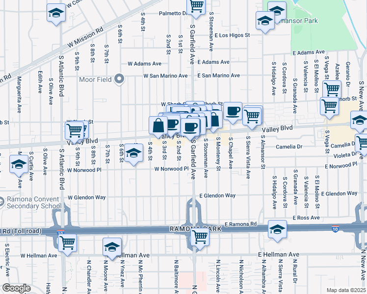 map of restaurants, bars, coffee shops, grocery stores, and more near 1507 South Garfield Avenue in Alhambra