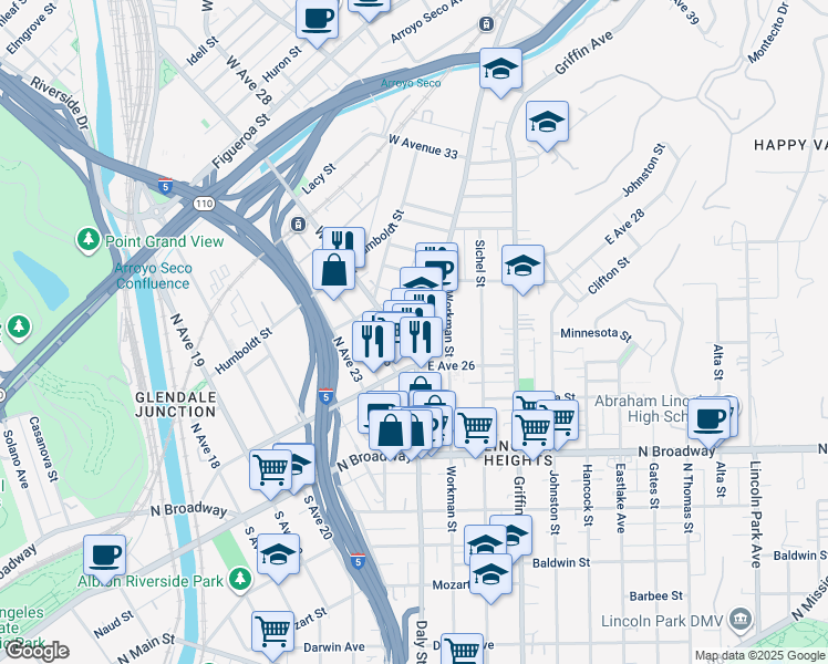 map of restaurants, bars, coffee shops, grocery stores, and more near 120 North Avenue 25 in Los Angeles