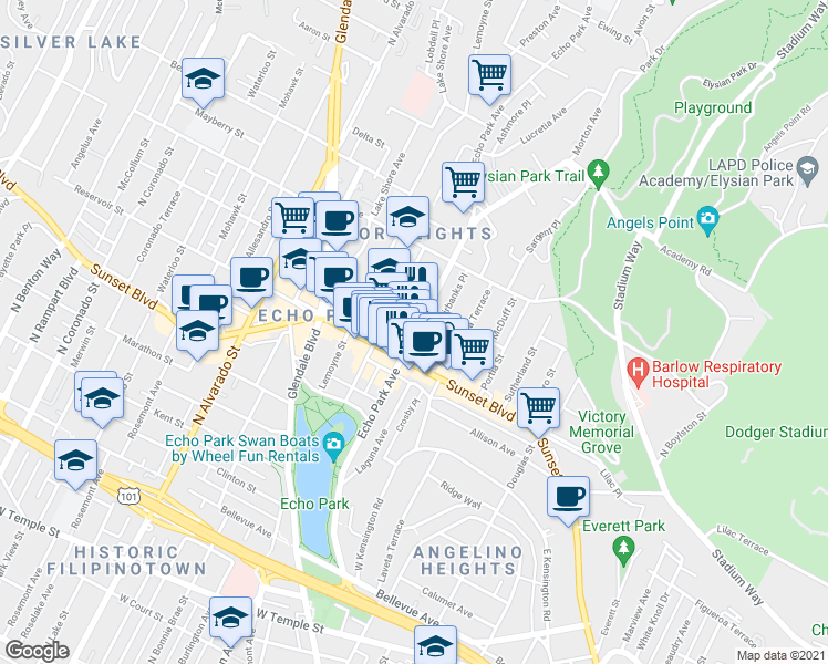 map of restaurants, bars, coffee shops, grocery stores, and more near 1571 Sunset Boulevard in Los Angeles
