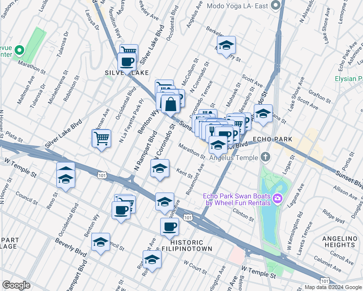 map of restaurants, bars, coffee shops, grocery stores, and more near 833 Coronado Terrace in Los Angeles