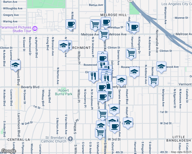 map of restaurants, bars, coffee shops, grocery stores, and more near 4754 Oakwood Avenue in Los Angeles