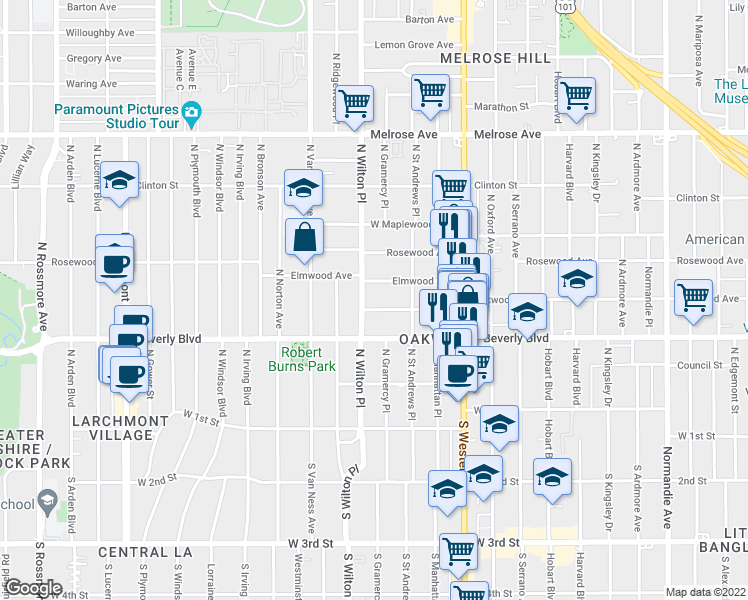 map of restaurants, bars, coffee shops, grocery stores, and more near 4832 Oakwood Avenue in Los Angeles