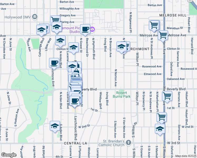 map of restaurants, bars, coffee shops, grocery stores, and more near 323 North Windsor Boulevard in Los Angeles