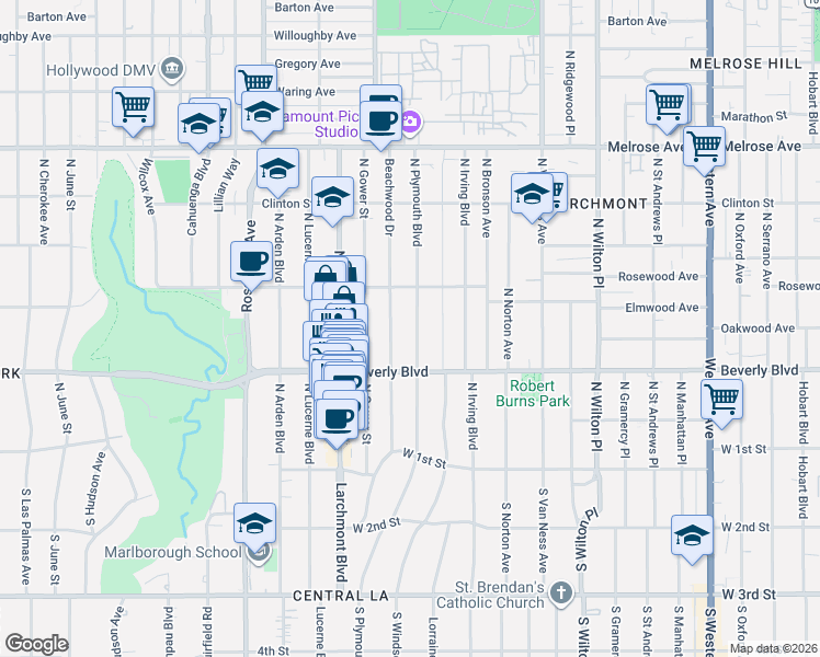 map of restaurants, bars, coffee shops, grocery stores, and more near 326 North Beachwood Drive in Los Angeles