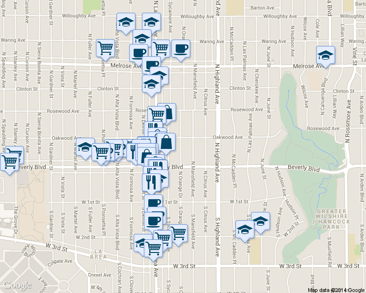 map of restaurants, bars, coffee shops, grocery stores, and more near 325 North Mansfield Avenue in Los Angeles