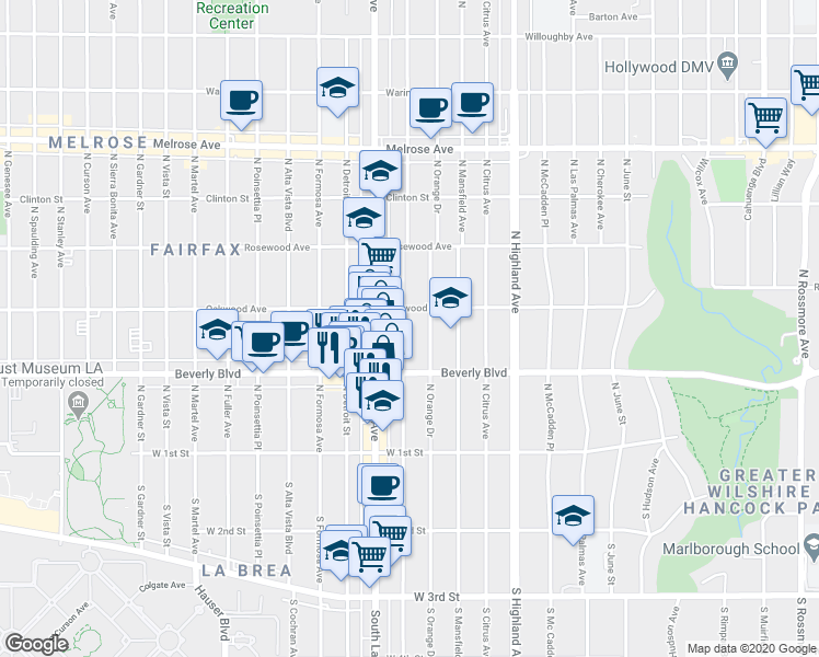 map of restaurants, bars, coffee shops, grocery stores, and more near 320 North Sycamore Avenue in Los Angeles