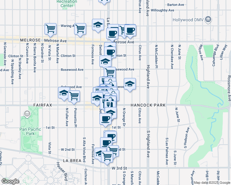 map of restaurants, bars, coffee shops, grocery stores, and more near 320 North Sycamore Avenue in Los Angeles