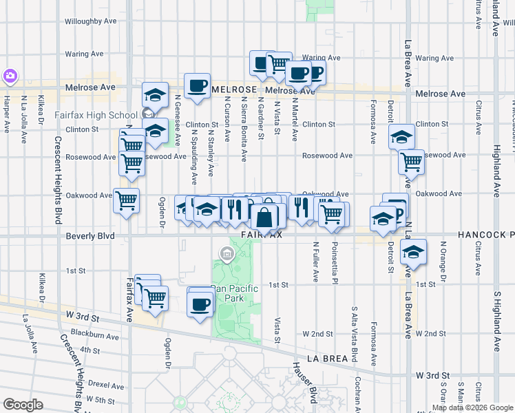 map of restaurants, bars, coffee shops, grocery stores, and more near 330 North Gardner Street in Los Angeles