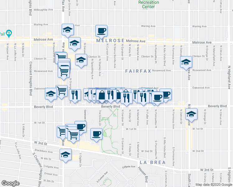 map of restaurants, bars, coffee shops, grocery stores, and more near 327 North Sierra Bonita Avenue in Los Angeles