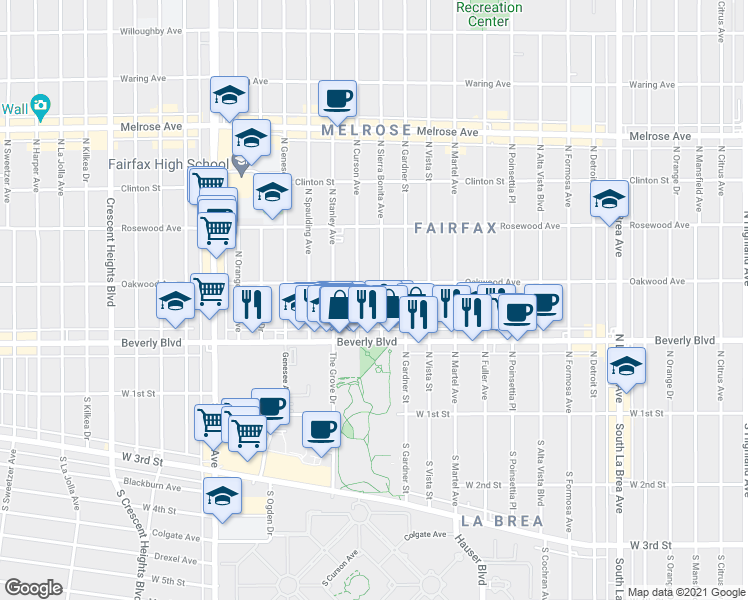 map of restaurants, bars, coffee shops, grocery stores, and more near 327 North Sierra Bonita Avenue in Los Angeles