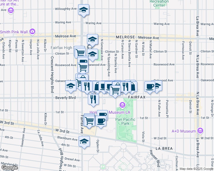 map of restaurants, bars, coffee shops, grocery stores, and more near 331 North Spaulding Avenue in Los Angeles