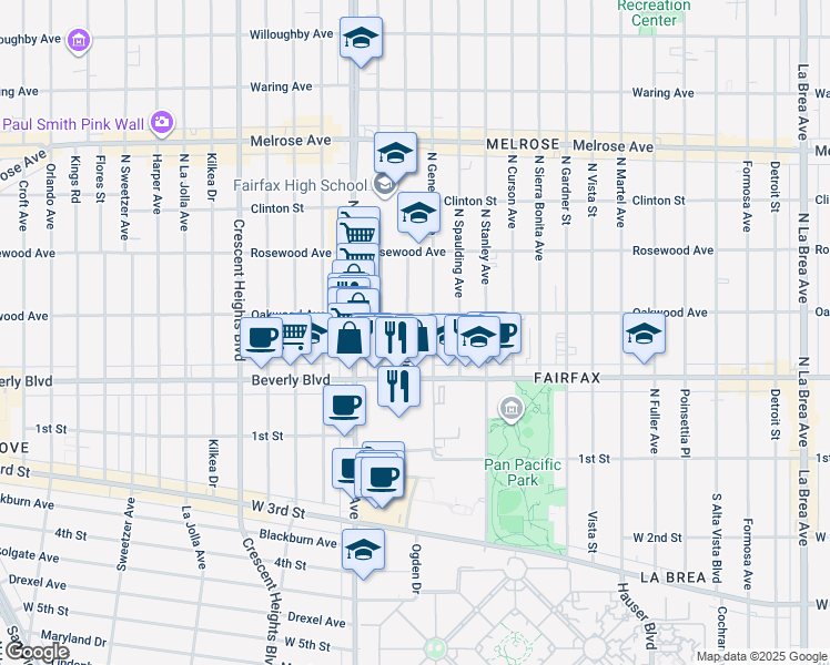 map of restaurants, bars, coffee shops, grocery stores, and more near 332 North Ogden Drive in Los Angeles