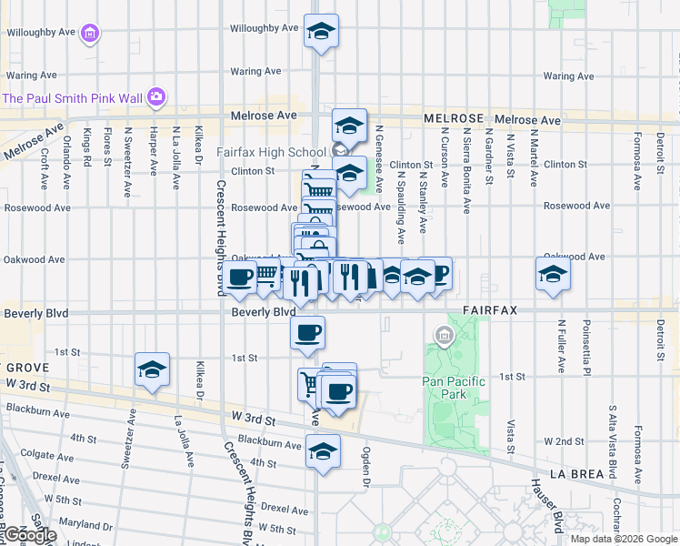 map of restaurants, bars, coffee shops, grocery stores, and more near 331 1/2 North Orange Grove Avenue in Los Angeles