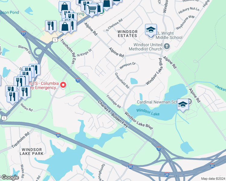 map of restaurants, bars, coffee shops, grocery stores, and more near 9 Wilamore Court in Columbia