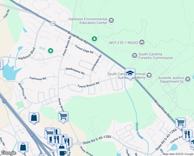 map of restaurants, bars, coffee shops, grocery stores, and more near 61B Battery Walk Court in Columbia
