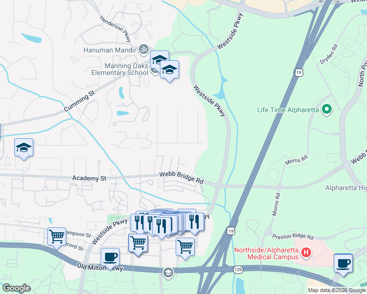 map of restaurants, bars, coffee shops, grocery stores, and more near 2938 Webb Bridge Road in Alpharetta