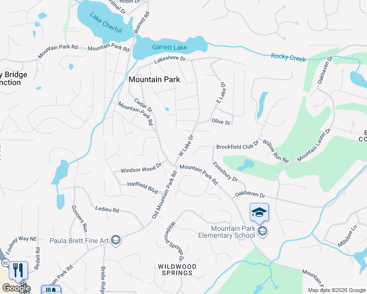 map of restaurants, bars, coffee shops, grocery stores, and more near 11970 Brookfield Club Drive in Roswell
