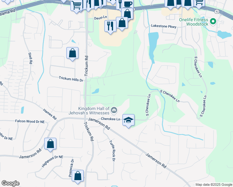 map of restaurants, bars, coffee shops, grocery stores, and more near 469 Maypop Lane in Woodstock
