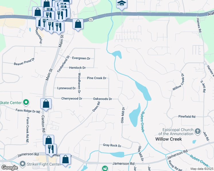 map of restaurants, bars, coffee shops, grocery stores, and more near 5185 Twin Oak Drive Northeast in Woodstock