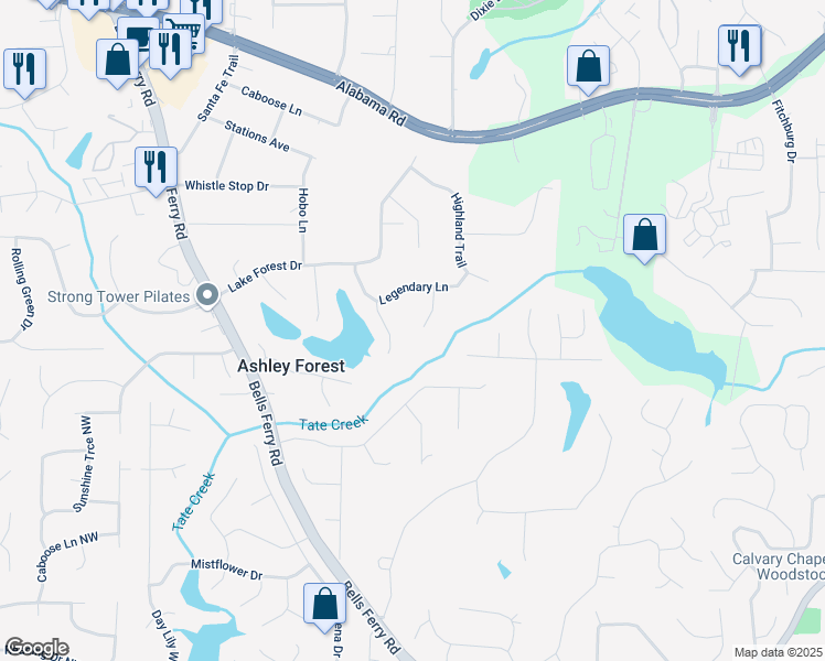 map of restaurants, bars, coffee shops, grocery stores, and more near 5166 Ridge Tarn in Acworth