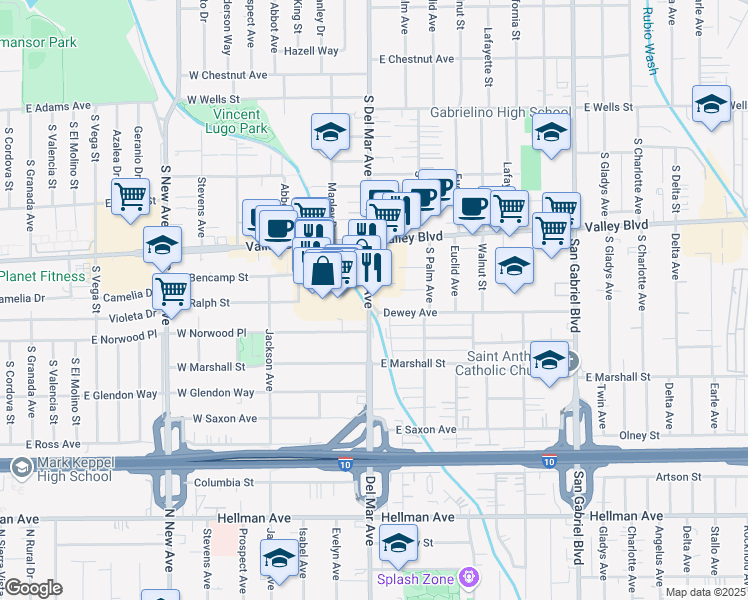 map of restaurants, bars, coffee shops, grocery stores, and more near 1736 South Del Mar Avenue in San Gabriel