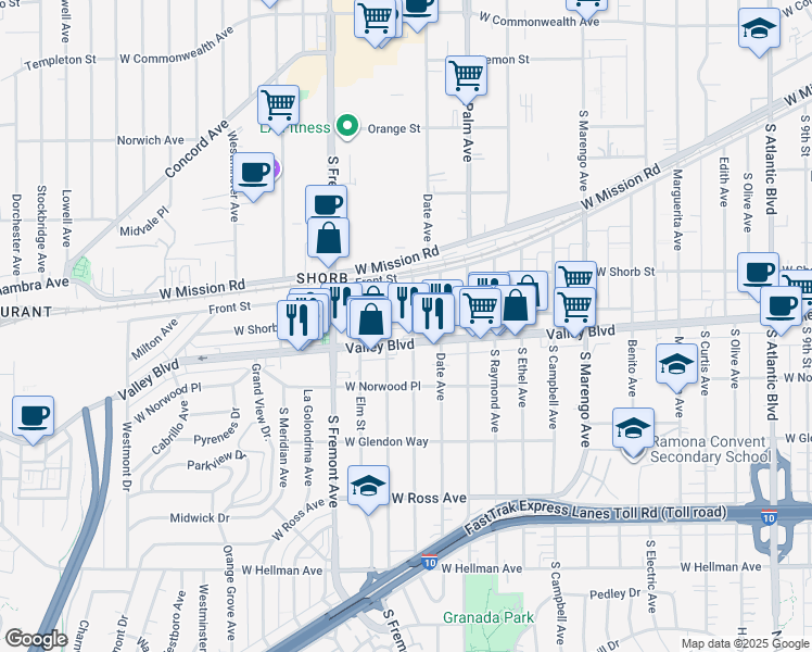 map of restaurants, bars, coffee shops, grocery stores, and more near 2300 West Valley Boulevard in Alhambra
