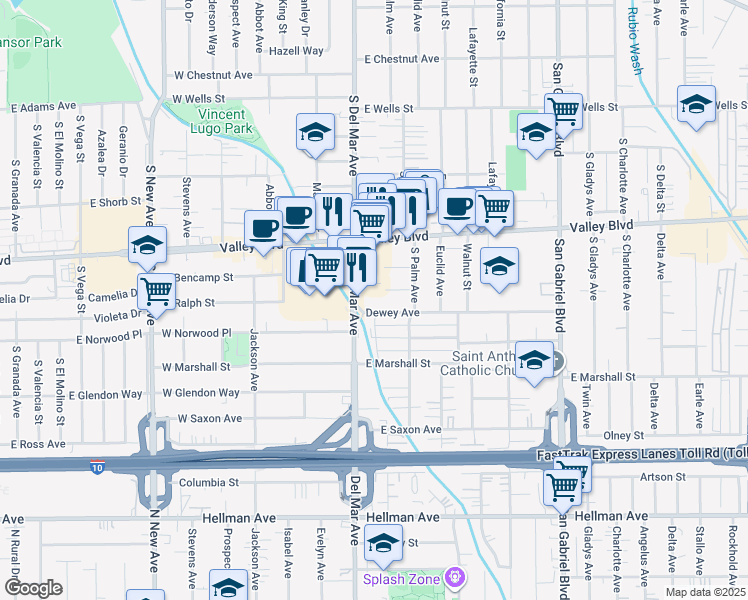 map of restaurants, bars, coffee shops, grocery stores, and more near 123 Dewey Avenue in San Gabriel