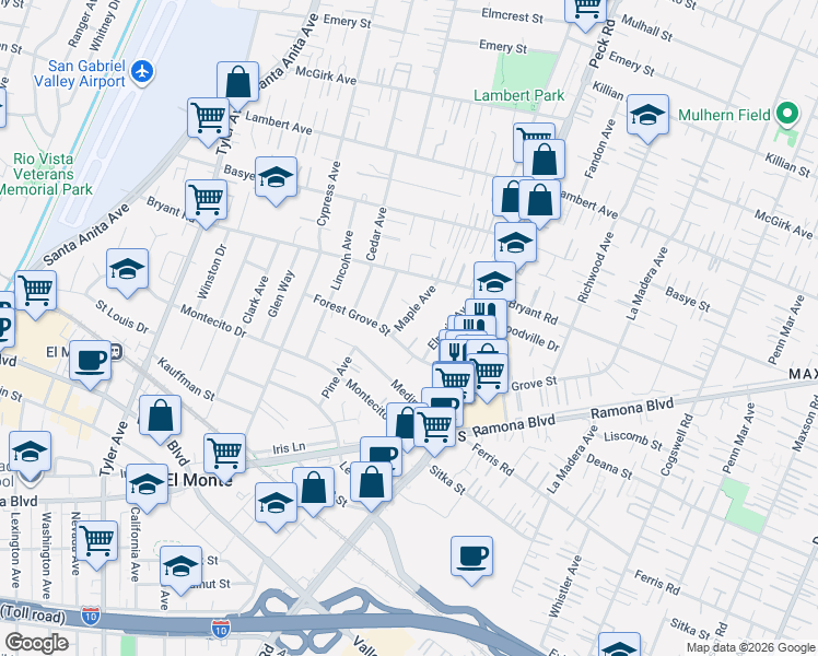 map of restaurants, bars, coffee shops, grocery stores, and more near 3912 Maple Avenue in El Monte