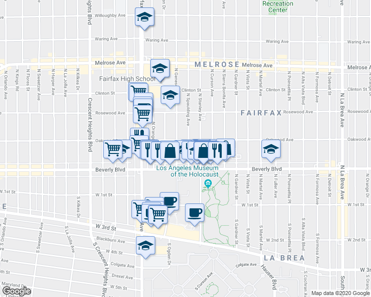 map of restaurants, bars, coffee shops, grocery stores, and more near 351 North Spaulding Avenue in Los Angeles