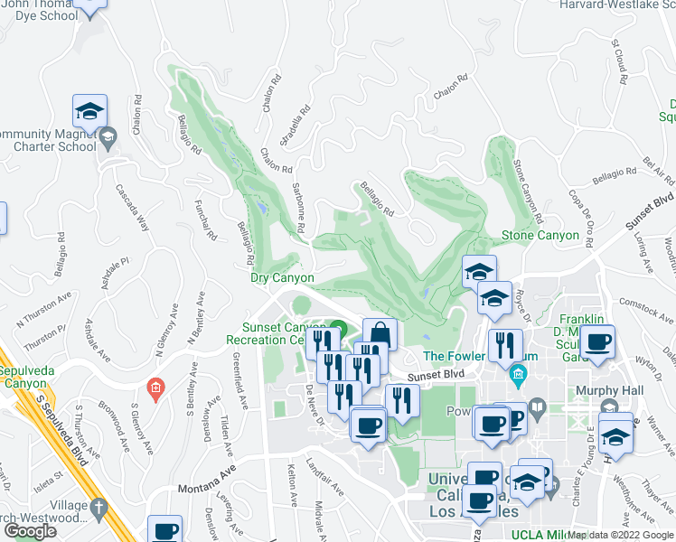 map of restaurants, bars, coffee shops, grocery stores, and more near 10810 Ambazac Way in Los Angeles