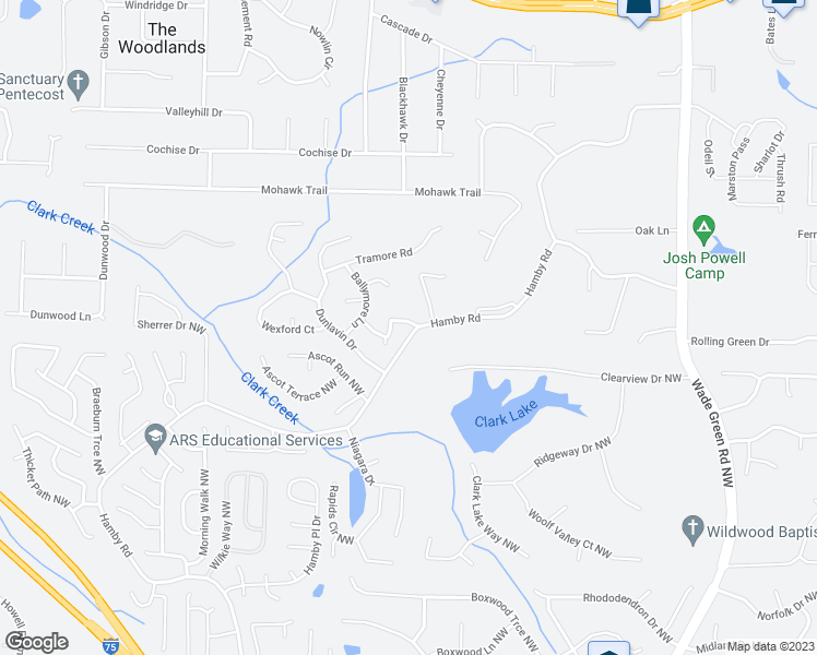 map of restaurants, bars, coffee shops, grocery stores, and more near 5121 Hamby Road in Acworth