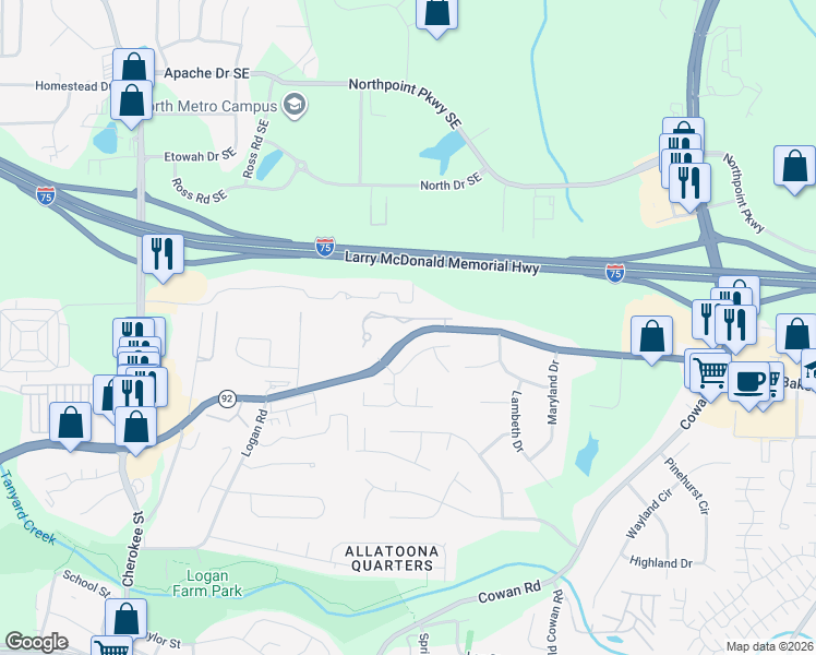 map of restaurants, bars, coffee shops, grocery stores, and more near 4048 Cottage Oaks Drive in Acworth