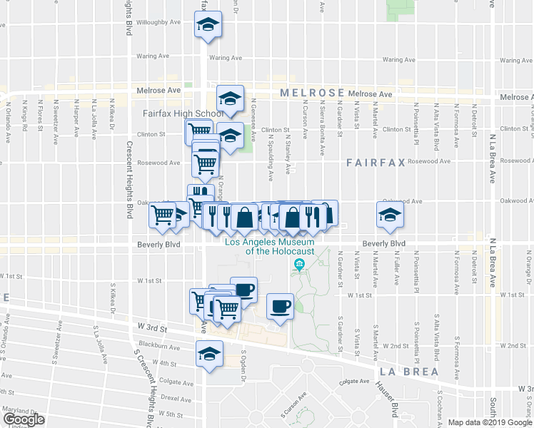 map of restaurants, bars, coffee shops, grocery stores, and more near 351 North Spaulding Avenue in Los Angeles
