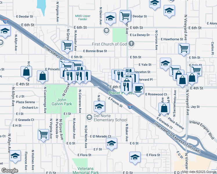 map of restaurants, bars, coffee shops, grocery stores, and more near 1531 E 4th St in Ontario