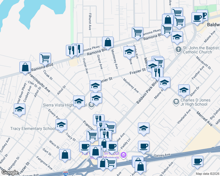 map of restaurants, bars, coffee shops, grocery stores, and more near 3445 Rall Avenue in Baldwin Park