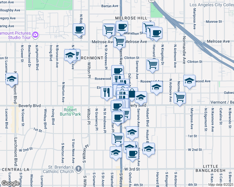 map of restaurants, bars, coffee shops, grocery stores, and more near 4706 Oakwood Avenue in Los Angeles