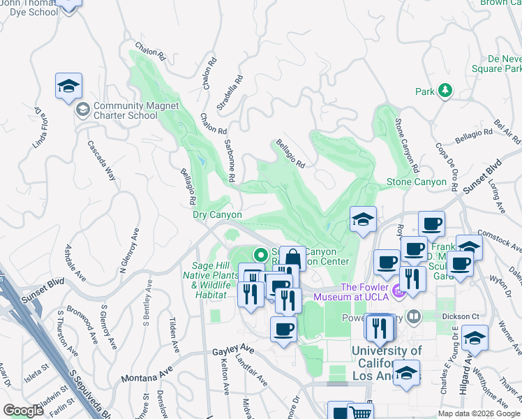map of restaurants, bars, coffee shops, grocery stores, and more near 10810 Ambazac Way in Los Angeles