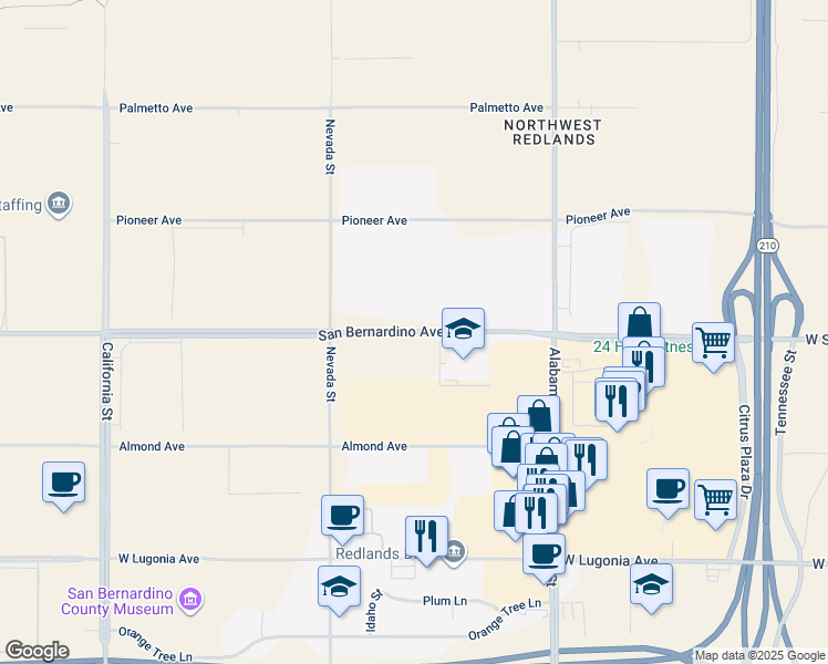 map of restaurants, bars, coffee shops, grocery stores, and more near West San Bernardino Avenue in San Bernardino