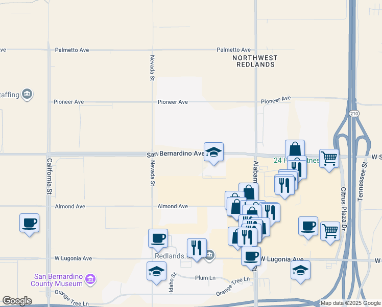 map of restaurants, bars, coffee shops, grocery stores, and more near San Bernardino Avenue in Redlands