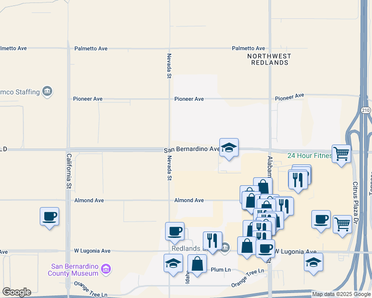 map of restaurants, bars, coffee shops, grocery stores, and more near San Bernardino Avenue in Redlands