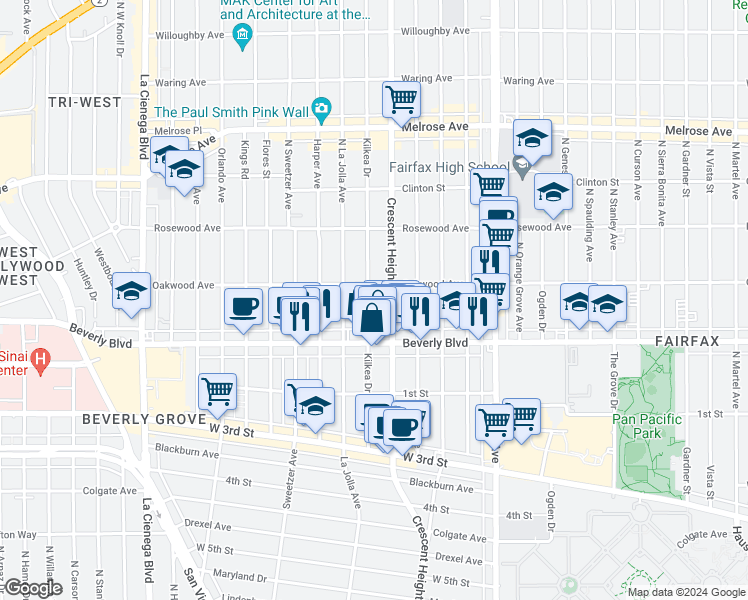map of restaurants, bars, coffee shops, grocery stores, and more near 350 North Kilkea Drive in Los Angeles