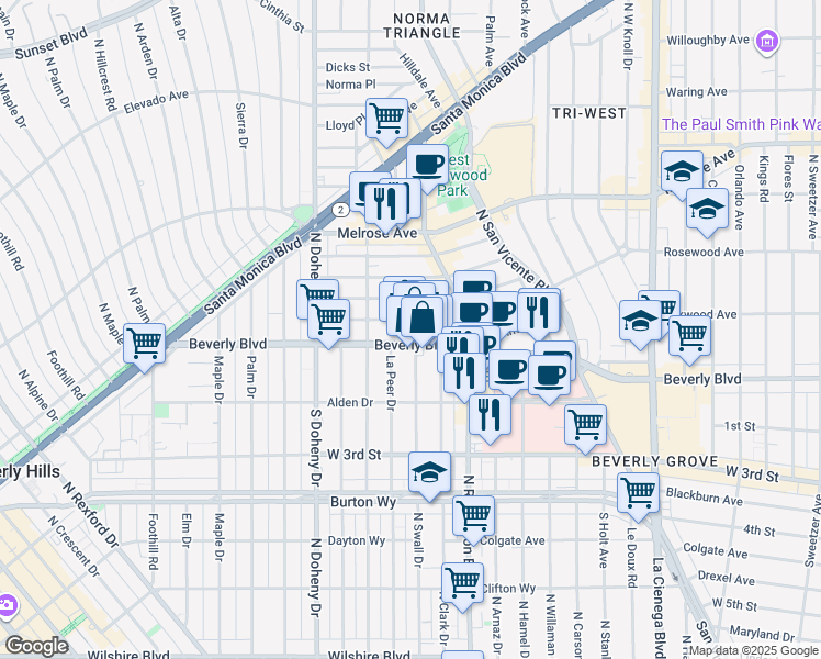 map of restaurants, bars, coffee shops, grocery stores, and more near 8900 Beverly Boulevard in West Hollywood
