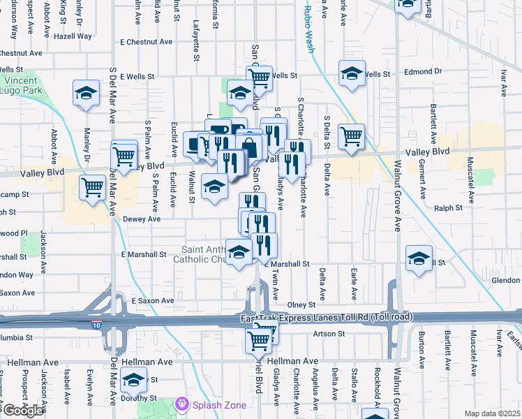 map of restaurants, bars, coffee shops, grocery stores, and more near 1806 South San Gabriel Boulevard in San Gabriel